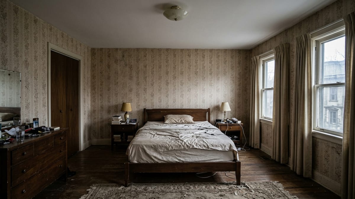 A plain, dated bedroom with bare walls and tired furnishings before renovation.