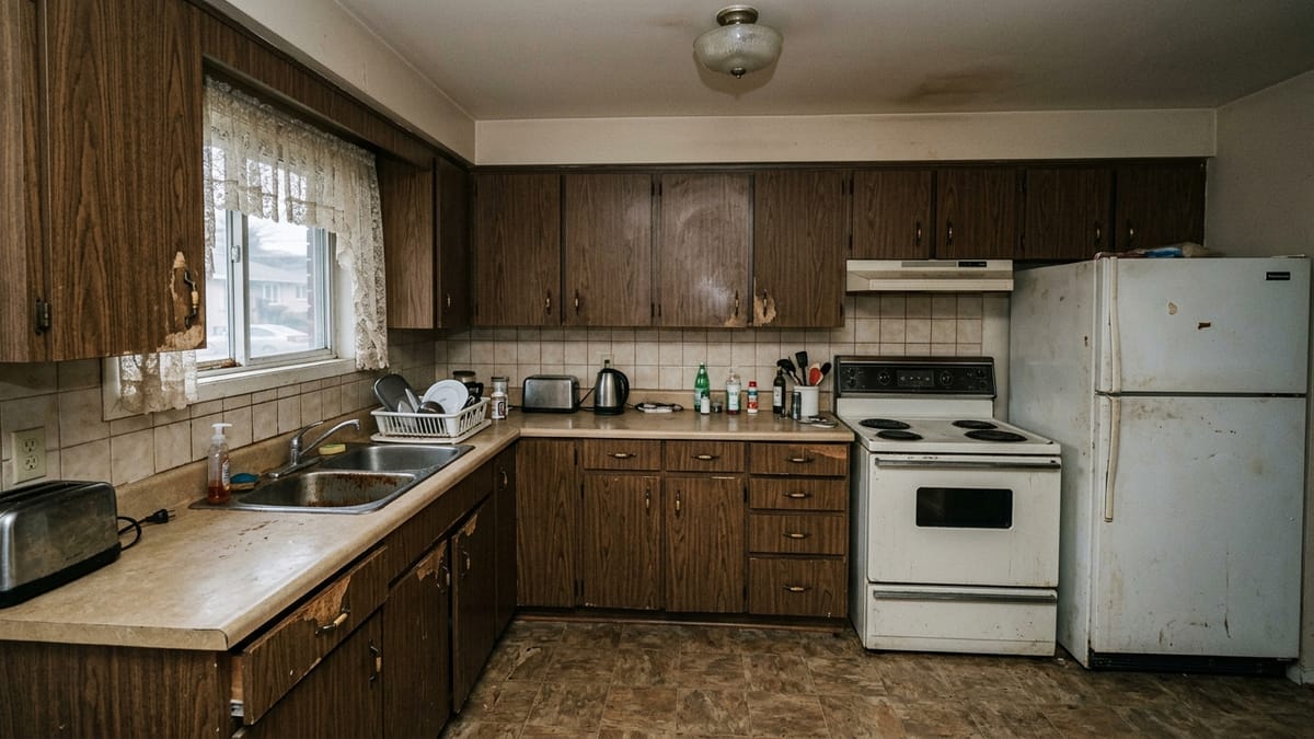 An outdated kitchen with worn cabinetry and dated counters before renovation.