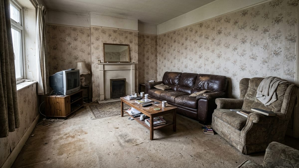 A dated living room with peeling floral wallpaper, worn furniture, and cluttered surfaces before renovation.