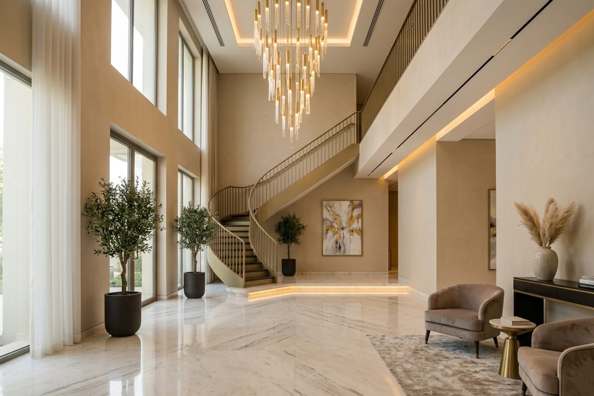 Double-height bungalow foyer with spiral staircase, crystal chandelier, and marble flooring — after transformation