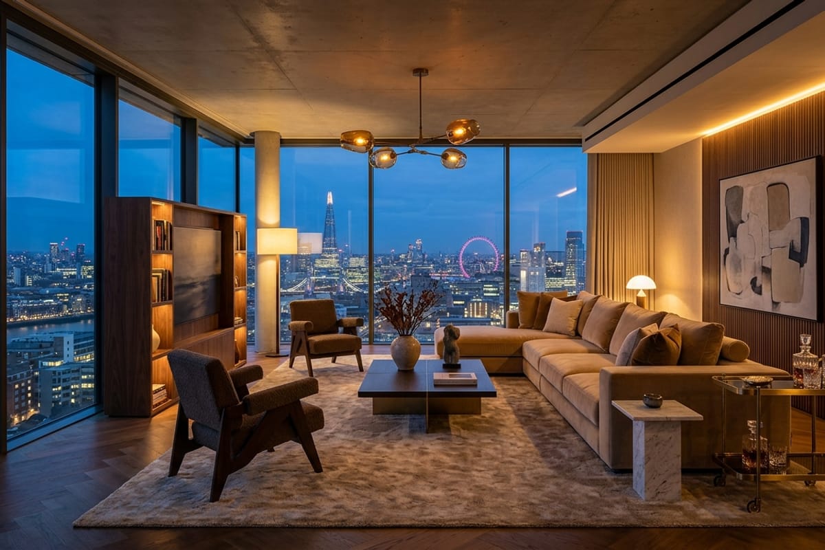Modern penthouse living room with floor-to-ceiling windows, twilight skyline view, and sculptural gold chandelier — after transformation