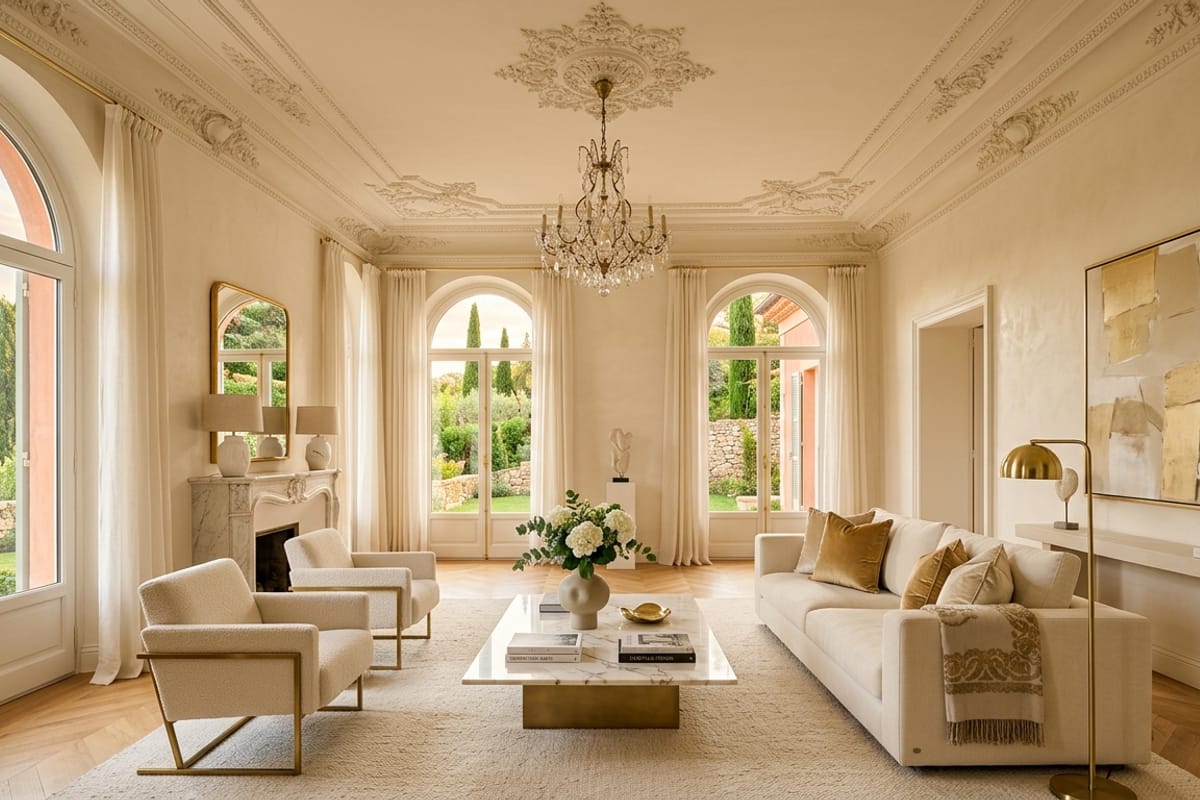 Neoclassical cream living room with crystal chandelier, white sofa, and arched French doors — after transformation