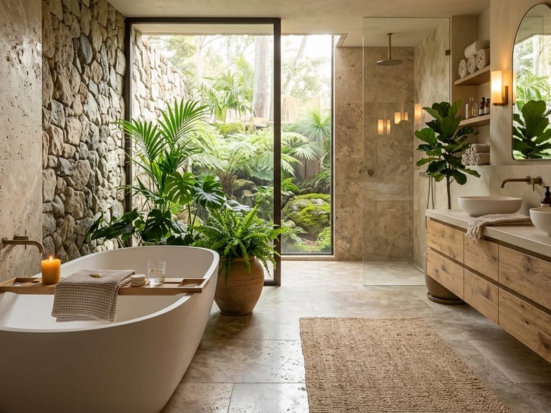 Serene luxury bathroom with freestanding stone tub, warm brass fixtures, and soft emerald-toned tiling