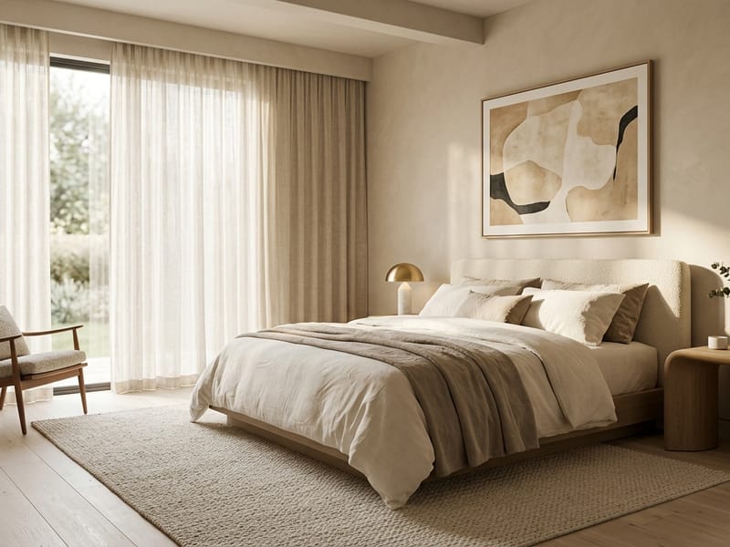 Minimalist bedroom with beige linens, olive tree, and sheer curtains — after transformation