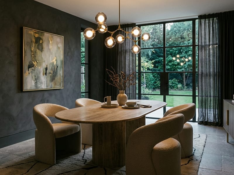 Moody dining room with oval wooden table, boucle chairs, and molecular chandelier