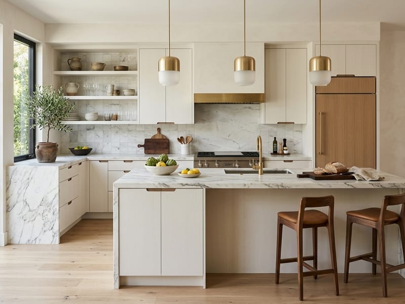 Luxury kitchen with marble waterfall island, gold pendant lights, and wood-paneled cabinetry