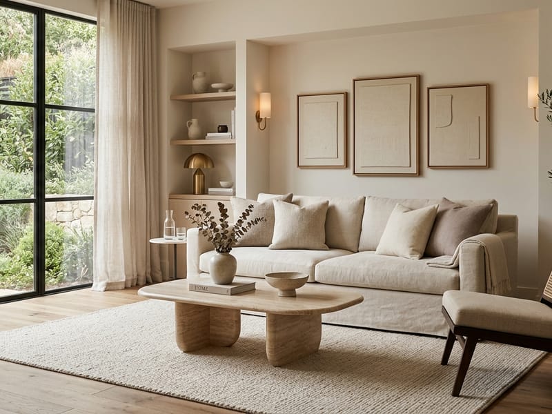 Bright minimalist living room with beige sofa, travertine coffee table, and olive tree